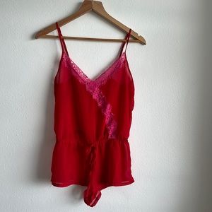 Red with pink lace sheer teddy.